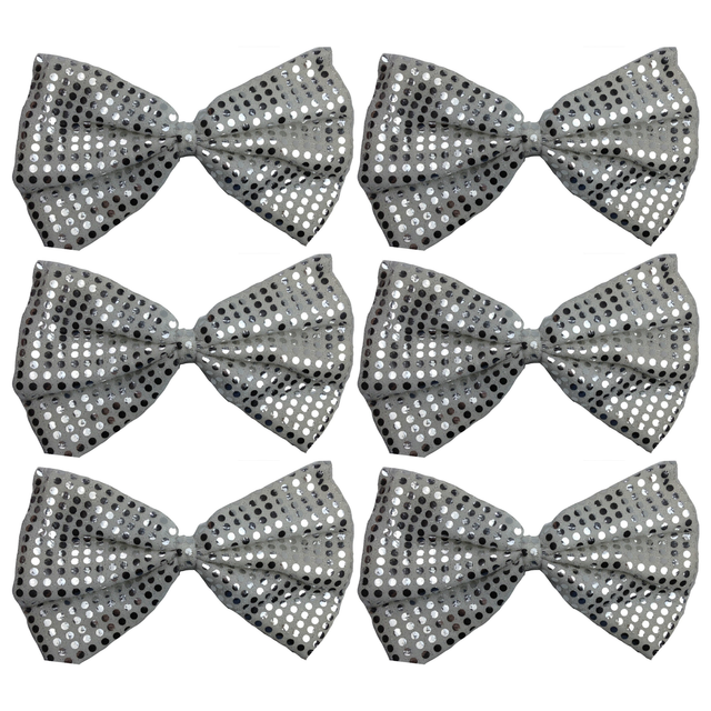 6x White/Silver Large Sequin Polka Dots Bow Tie Bulk Pack - Fancy Dress Costume Party