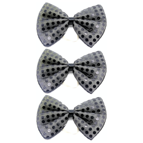 3x Black Sequin Polka Dots Bow Tie Pack - Fancy Dress Clown Costume Party