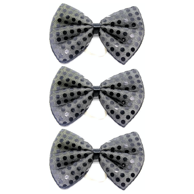 3x Black Sequin Polka Dots Bow Tie Bulk Pack - Fancy Dress Clown Costume Party