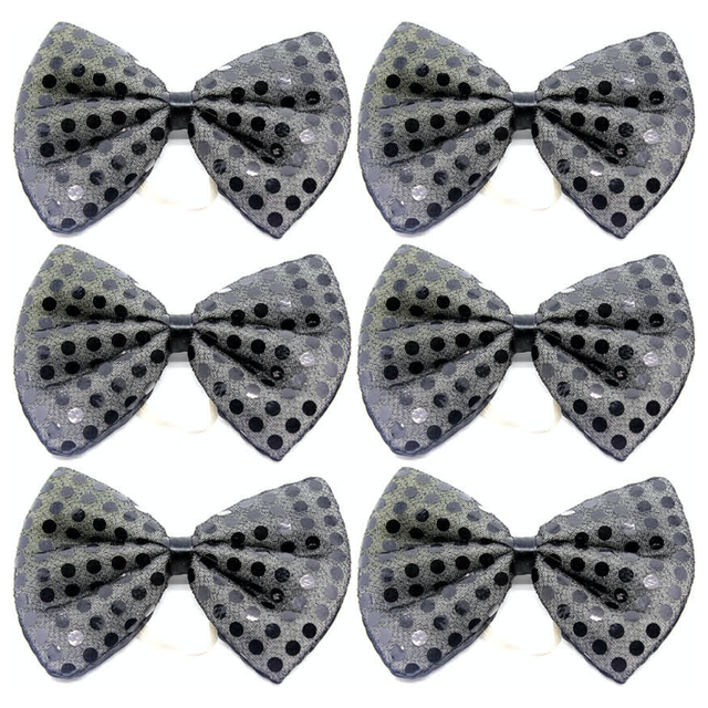6x Black Sequin Polka Dots Bow Tie Bulk Pack - Fancy Dress Clown Costume Party