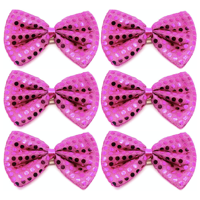 6x Hot Pink Sequin Polka Dots Bow Tie Bulk Pack - Fancy Dress Clown Costume Party