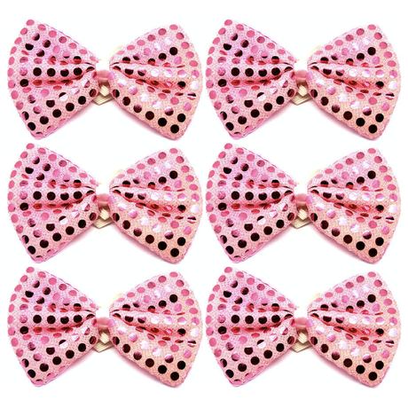 6x Light Pink Sequin Polka Dots Bow Tie Bulk Pack - Fancy Dress Clown Costume Party