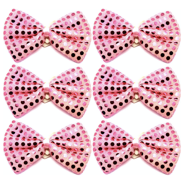 6x Light Pink Sequin Polka Dots Bow Tie Bulk Pack - Fancy Dress Clown Costume Party