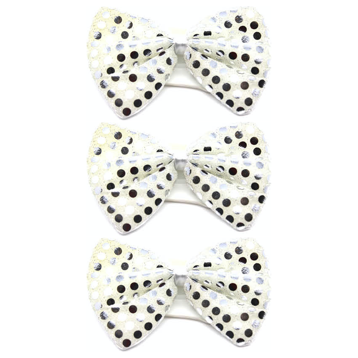 3x White/Silver Sequin Polka Dots Bow Tie Bulk Pack - Fancy Dress Clown Costume Party