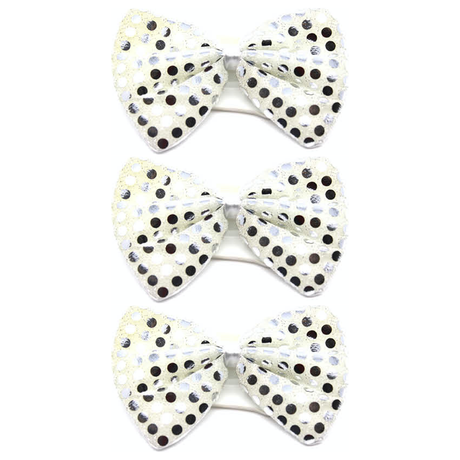 3x White/Silver Sequin Polka Dots Bow Tie Pack - Fancy Dress Clown Costume Party