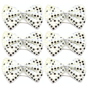 6x White/Silver Sequin Polka Dots Bow Tie Bulk Pack - Fancy Dress Clown Costume Party