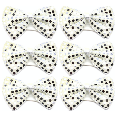 6x White/Silver Sequin Polka Dots Bow Tie Bulk Pack - Fancy Dress Clown Costume Party