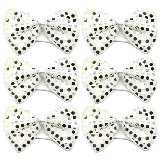 6x White/Silver Sequin Polka Dots Bow Tie Bulk Pack - Fancy Dress Clown Costume Party