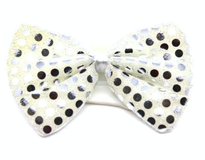 White/Silver Sequin Polka Dots Bow Tie - Fancy Dress Clown Costume Party