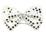 White/Silver Sequin Polka Dots Bow Tie - Fancy Dress Clown Costume Party