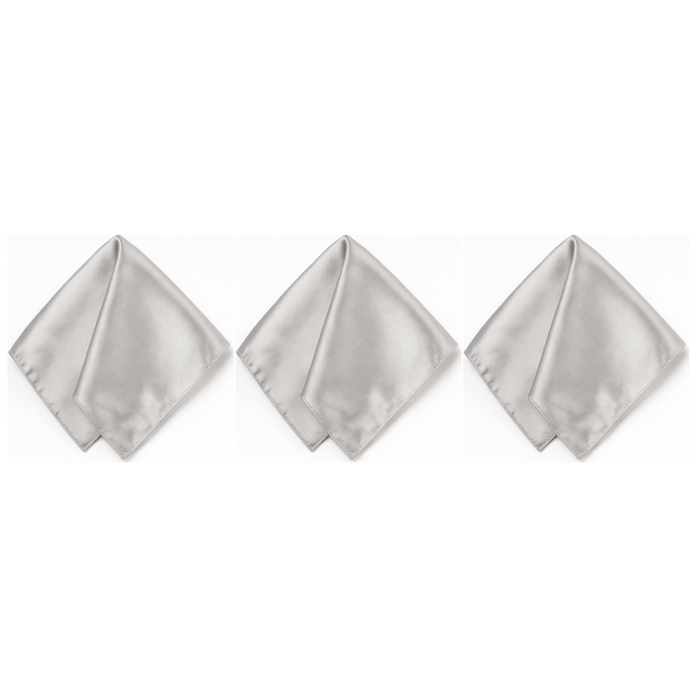 3x Mens Silver Pocket Square Pack - Satin Handkerchief for Suits/Wedding/Party