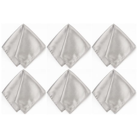 6x Mens Silver Pocket Square Bulk Pack - Satin Handkerchief for Suits/Wedding/Party