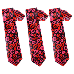 3x Long Lipstick Kisses Novelty Tie Pack - Black/Red/Pink (Mens Valentines Day Gift/Halloween Costume)
