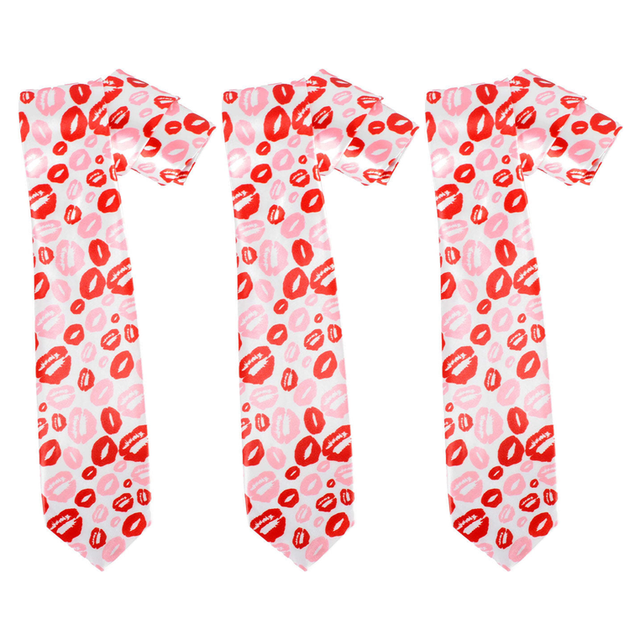 3x Long Lipstick Kisses Novelty Tie Pack - White/Red/Pink (Mens Valentines Day Gift)