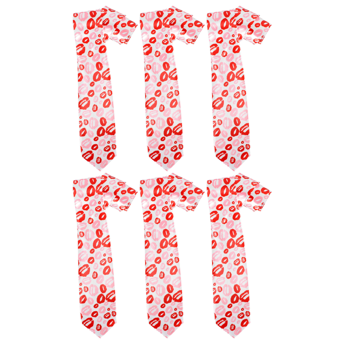 6x Long Lipstick Kisses Novelty Tie Bulk Pack - White/Red/Pink (Mens Valentines Day Gift)