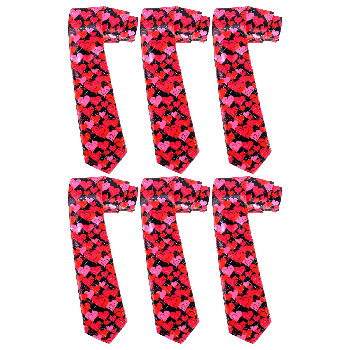 6x Long Red Hearts Novelty Tie Bulk Pack - Red/Pink (Mens Valentines Day Gift/Halloween Costume)