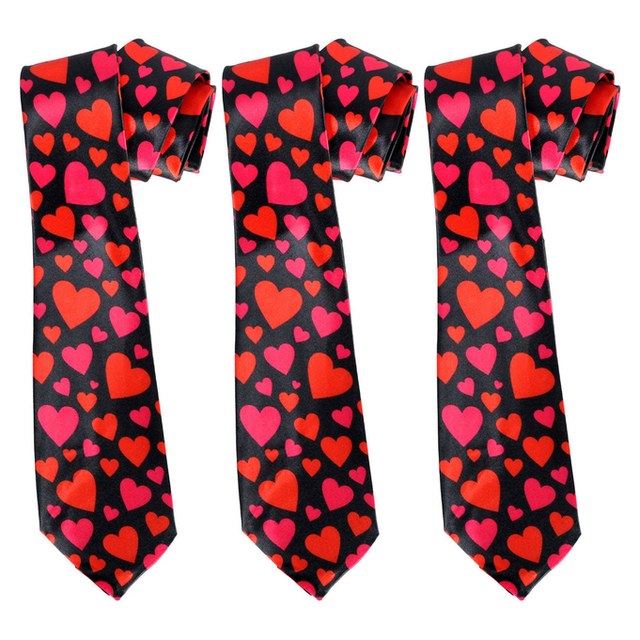 3x Long Love Hearts Novelty Tie Pack - Black/Red/Pink (Mens Valentines Day Gift)