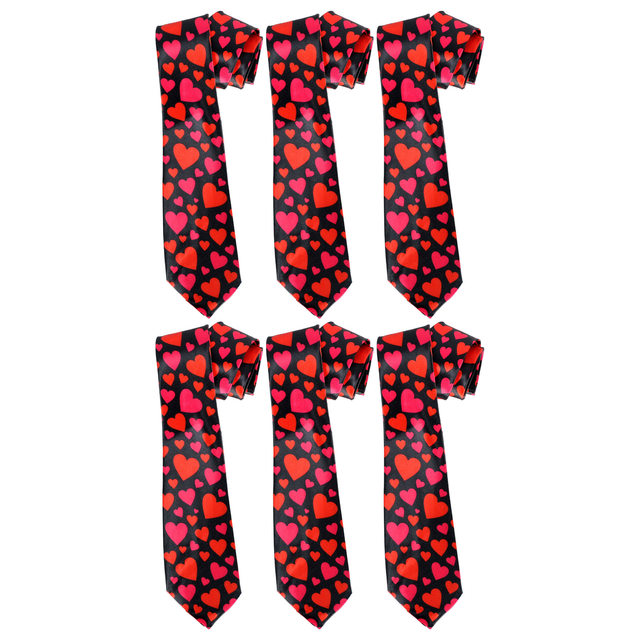 6x Long Love Hearts Novelty Tie Bulk Pack - Black/Red/Pink (Mens Valentines Day Gift)
