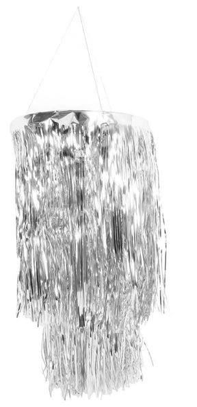 Silver 2-Tier Foil Metallic Tinsel Hanging Chandelier - Party Decoration