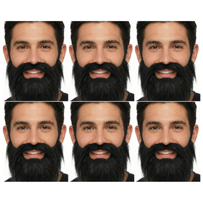 6x Black Costume Beard & Moustache Bulk Pack - Fake Facial Hair for Parties/Halloween/Fancy Dress