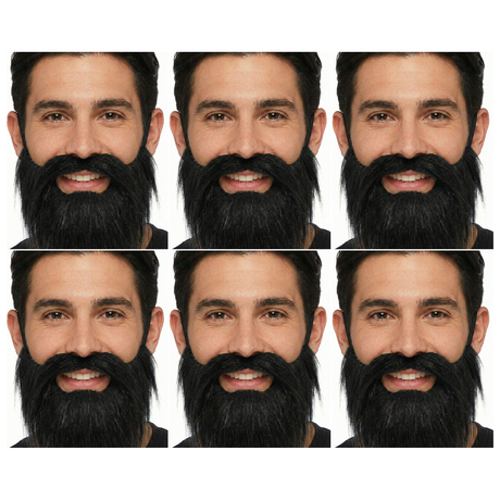 6x Black Costume Beard & Moustache Bulk Pack - Fake Facial Hair for Parties/Halloween/Fancy Dress