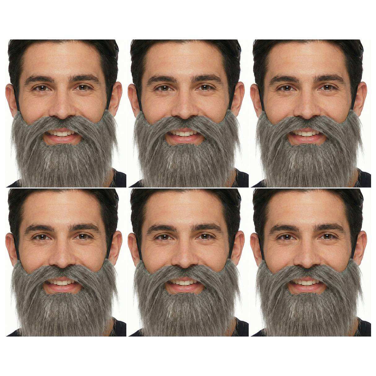 6x Grey Costume Beard & Moustache Bulk Pack - Fake Facial Hair for Parties/Halloween/Fancy Dress