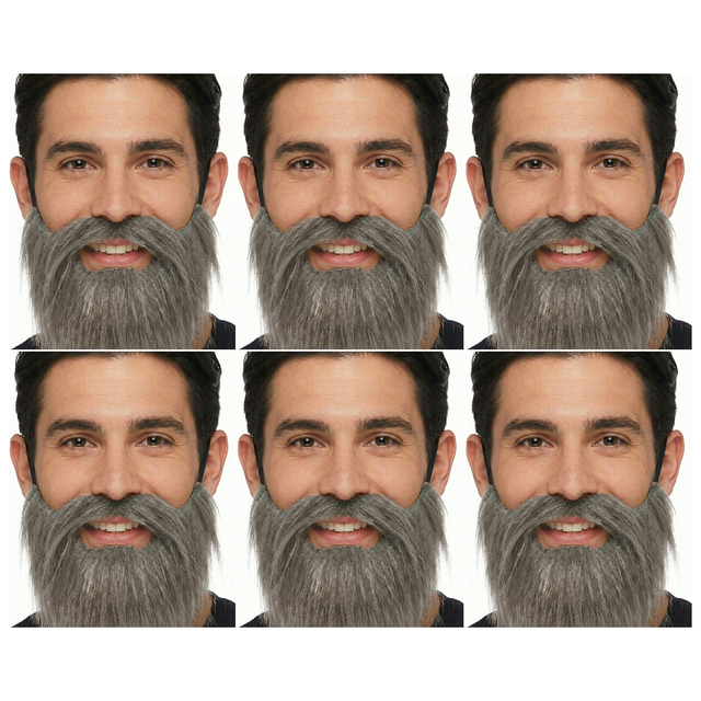 6x Grey Costume Beard & Moustache Bulk Pack - Fake Facial Hair for Parties/Halloween/Fancy Dress