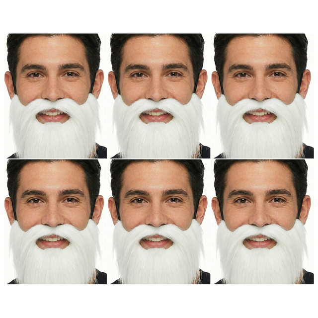 6x White Costume Beard & Moustache Bulk Pack - Fake Facial Hair for Parties/Halloween/Fancy Dress