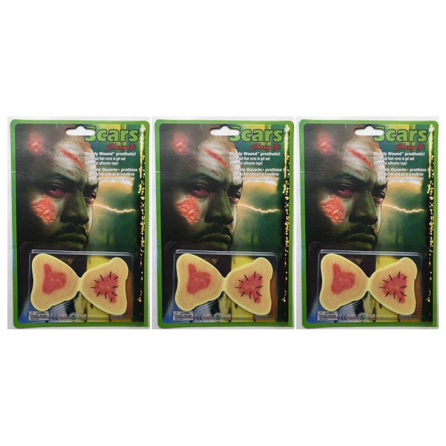 3x Fake Bloody Wound Scars Pack - Adhesive Halloween Make Up (Costume Accessory)