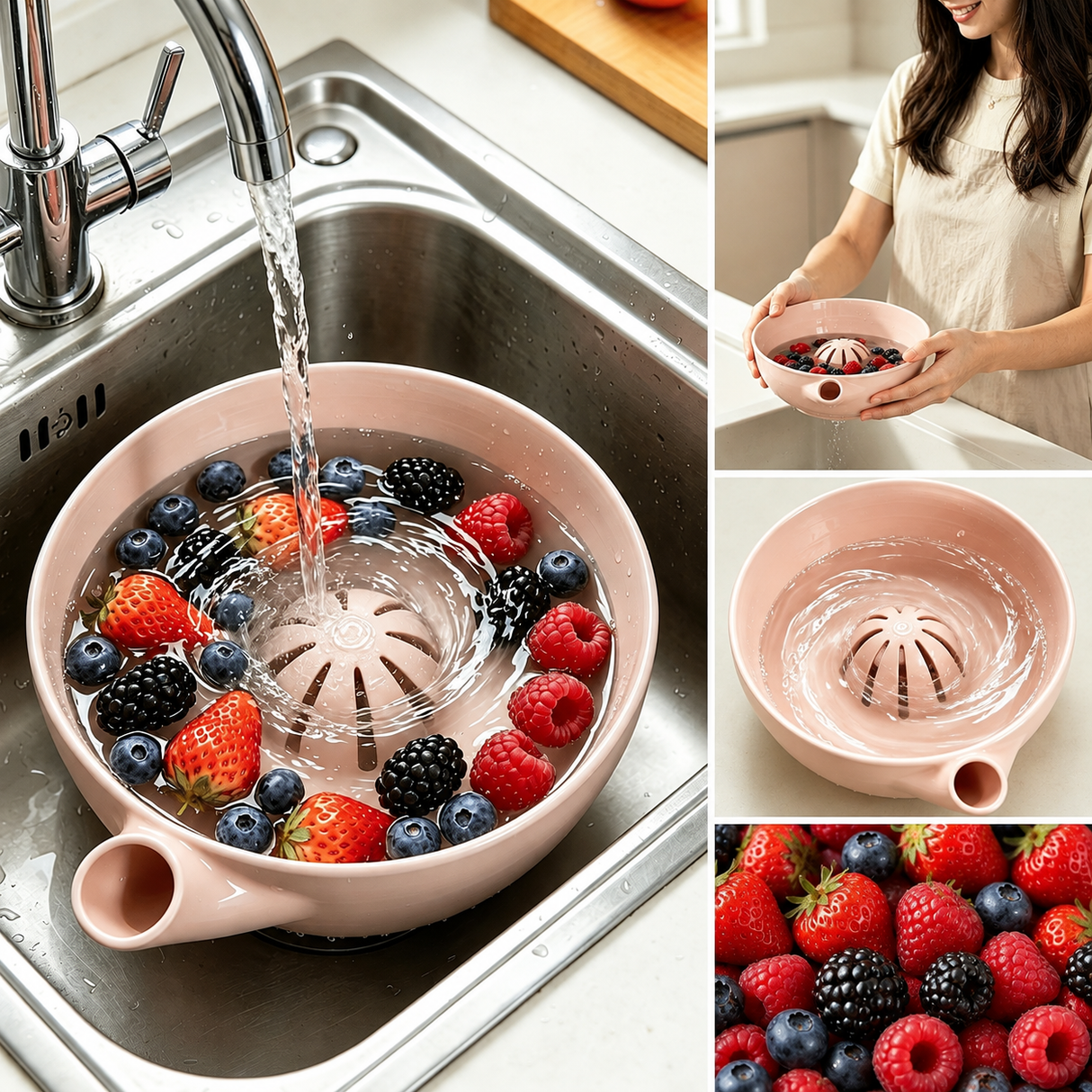 Self Spinning Berry Washing Bowl Fruit Colander Swirler in Pink