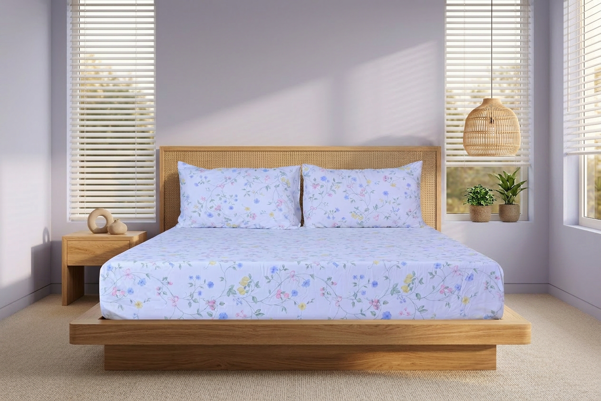 Azure Sprig Pure Cotton Fitted Bed Sheet + Pillowcase Set