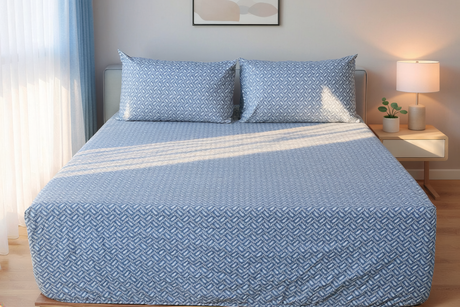 Baltic Pure Cotton Fitted Bed Sheet + Pillowcase Set - Blue/White