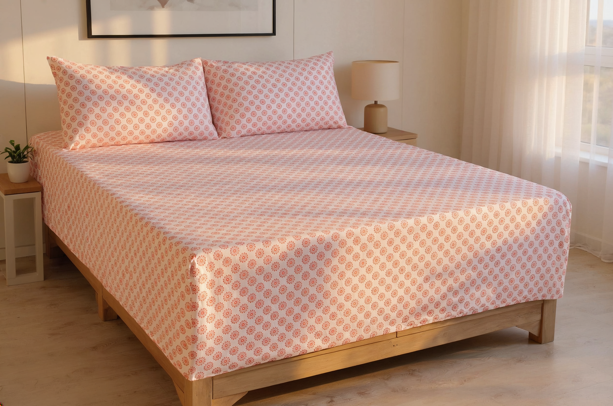Blush Medallion Pure Cotton Fitted Bed Sheet + Pillowcase Set