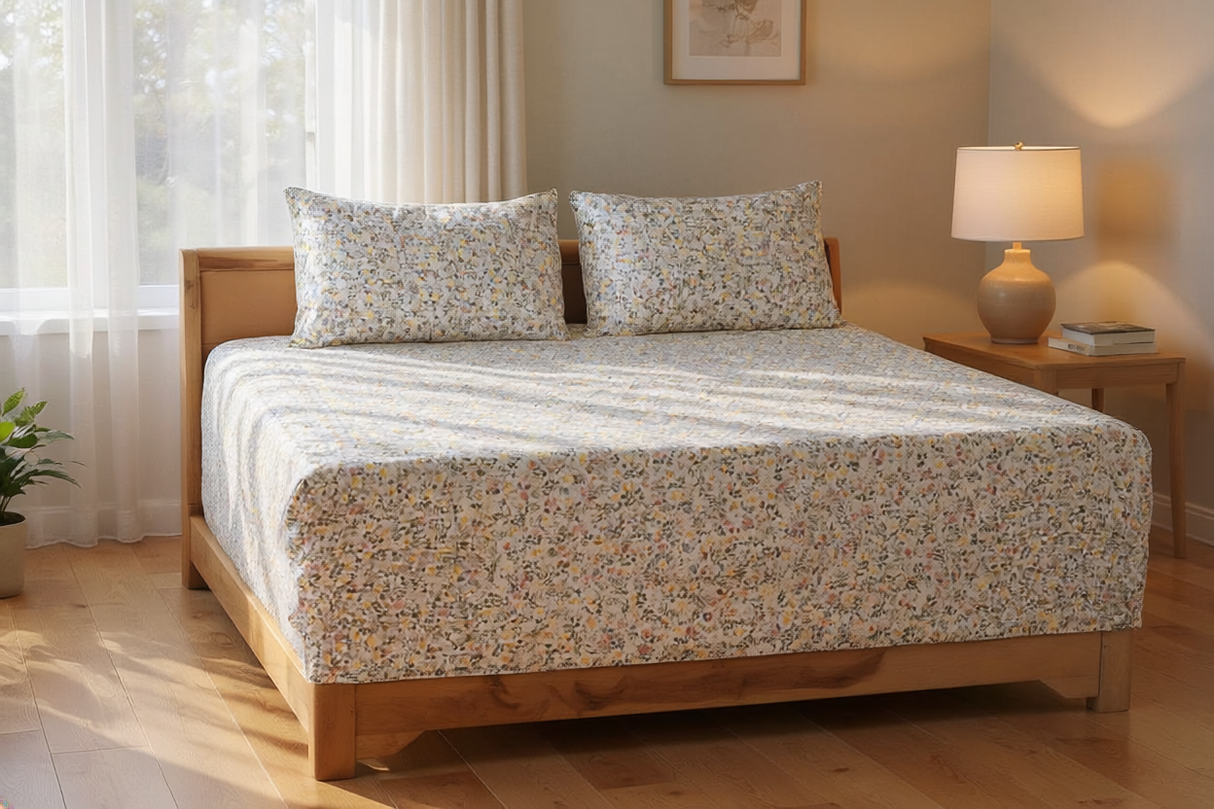Botanical Mist Pure Cotton Fitted Bed Sheet + Pillowcase Set