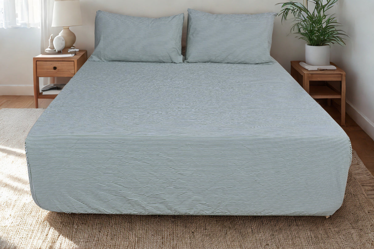 Green Fine Stripe Pure Cotton Fitted Bed Sheet + Pillowcase Set
