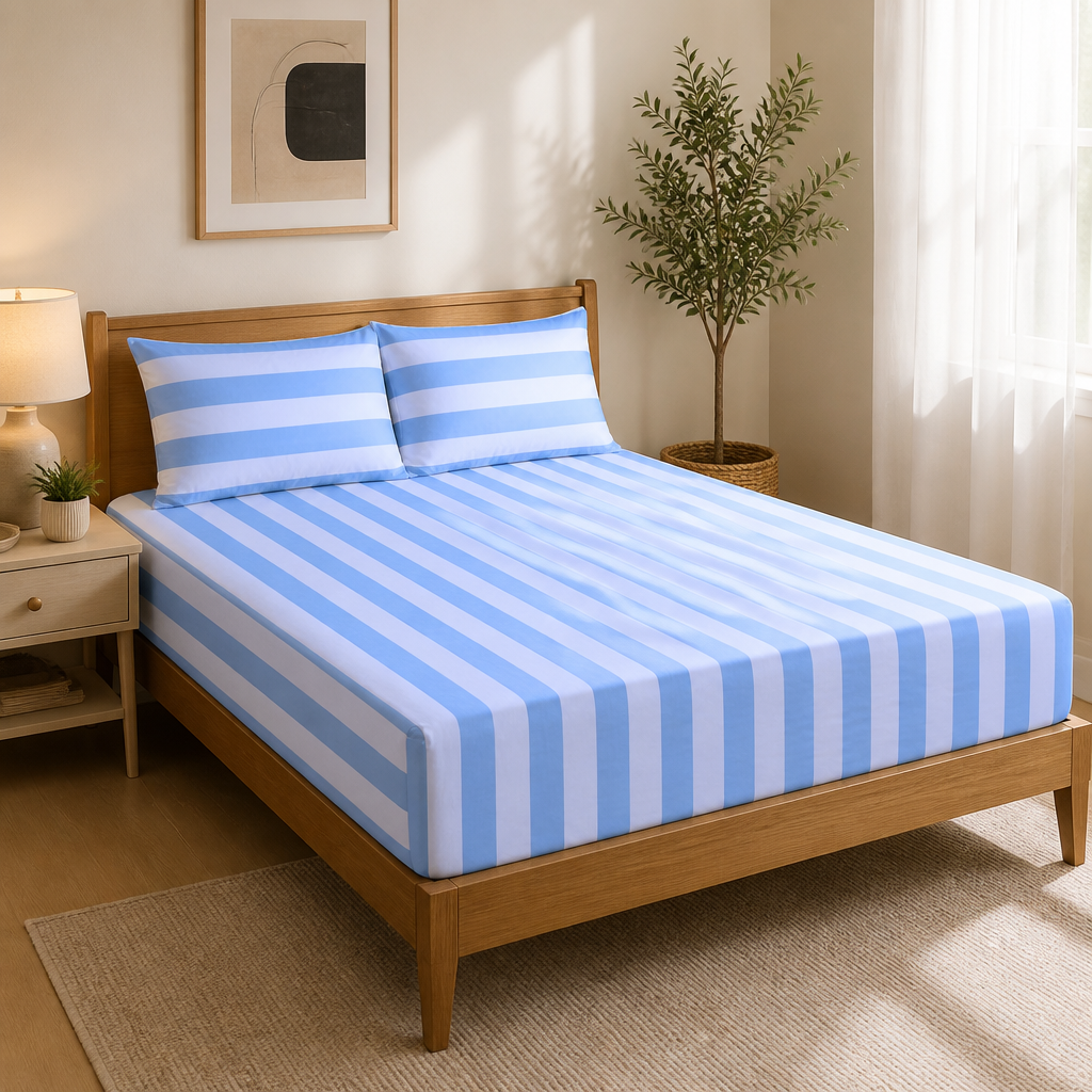 Hamptons Pure Cotton Fitted Bed Sheet + Pillowcase Set