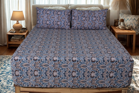 Iris Pure Cotton Fitted Bed Sheet + Pillowcase Set - Blue/Taupe