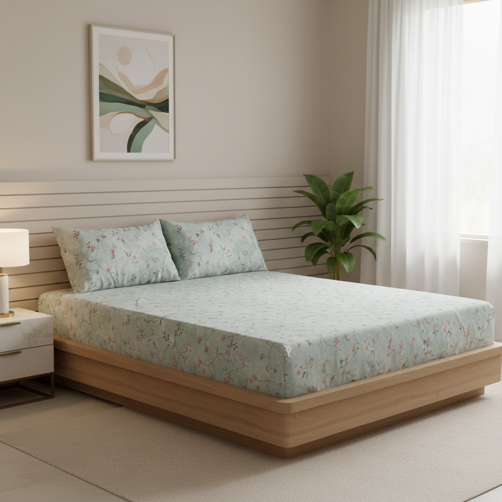 Ivy Bloom Pure Cotton Fitted Bed Sheet + Pillowcase Set