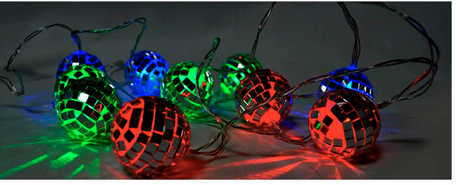 2m Blue/Green/Red LED Disco Ball String Lights - Silver Mirror Party Decoration