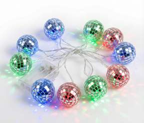 2m Blue/Green/Red LED Disco Ball String Lights - Silver Mirror Party Decoration
