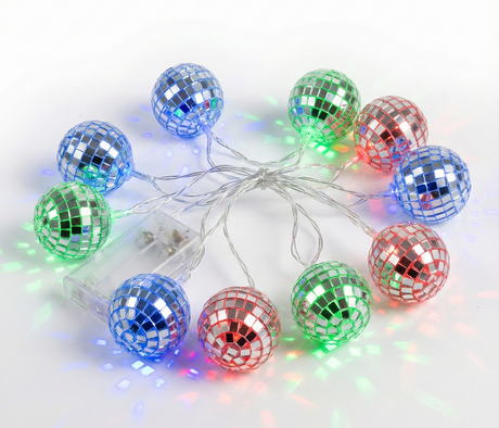 2m Blue/Green/Red LED Disco Ball String Lights - Silver Mirror Party Decoration