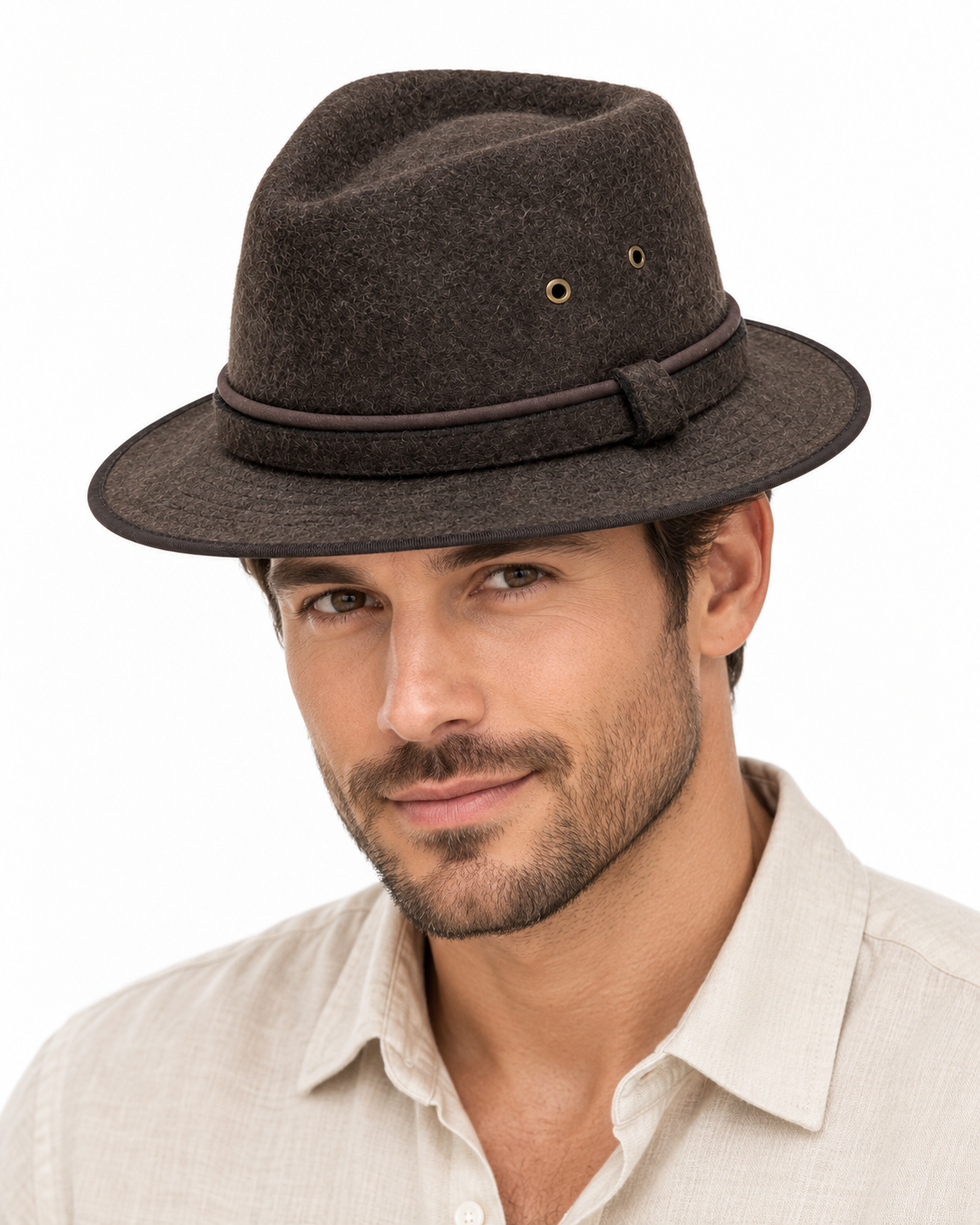 Crushable 100% Wool Felt Fedora Brim One Size Hat - Brown