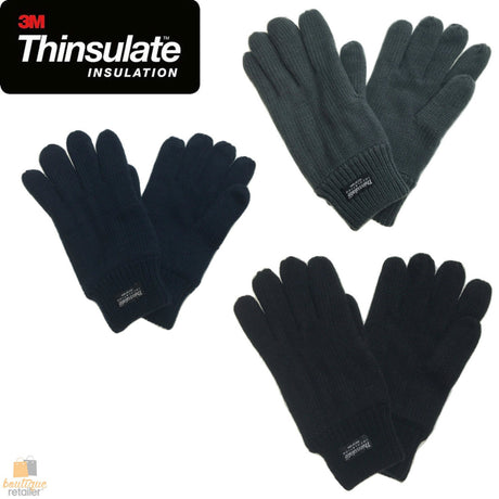 3M THINSULATE Knitted Fleece Gloves Winter Warmers Snow Ski Thermal Plain - Black
