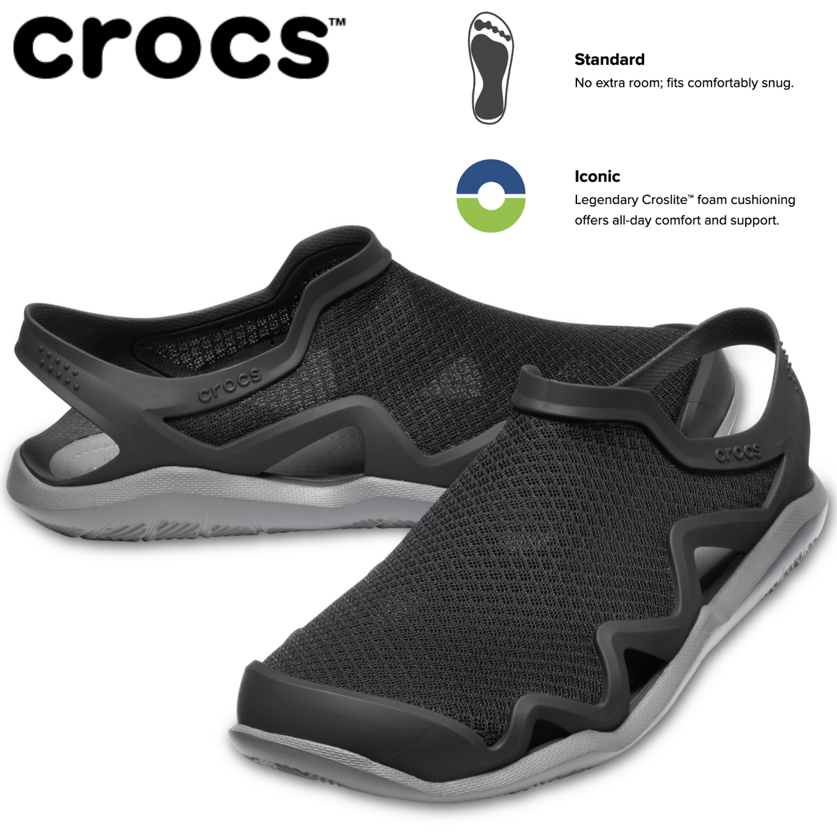 Crocs Swiftwater Mesh Wave Mens Clogs - Black/Slate Grey (Waterproof Sandals/Slides)