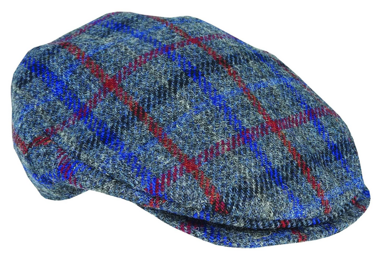 Hanna Hats Plain Tweed Wool Vintage Flat Cap - Grey/Blue/Red Check