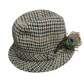 100% Wool Tweed Downbeat Brim Trilby Hat with Peacock Feather - 56cm
