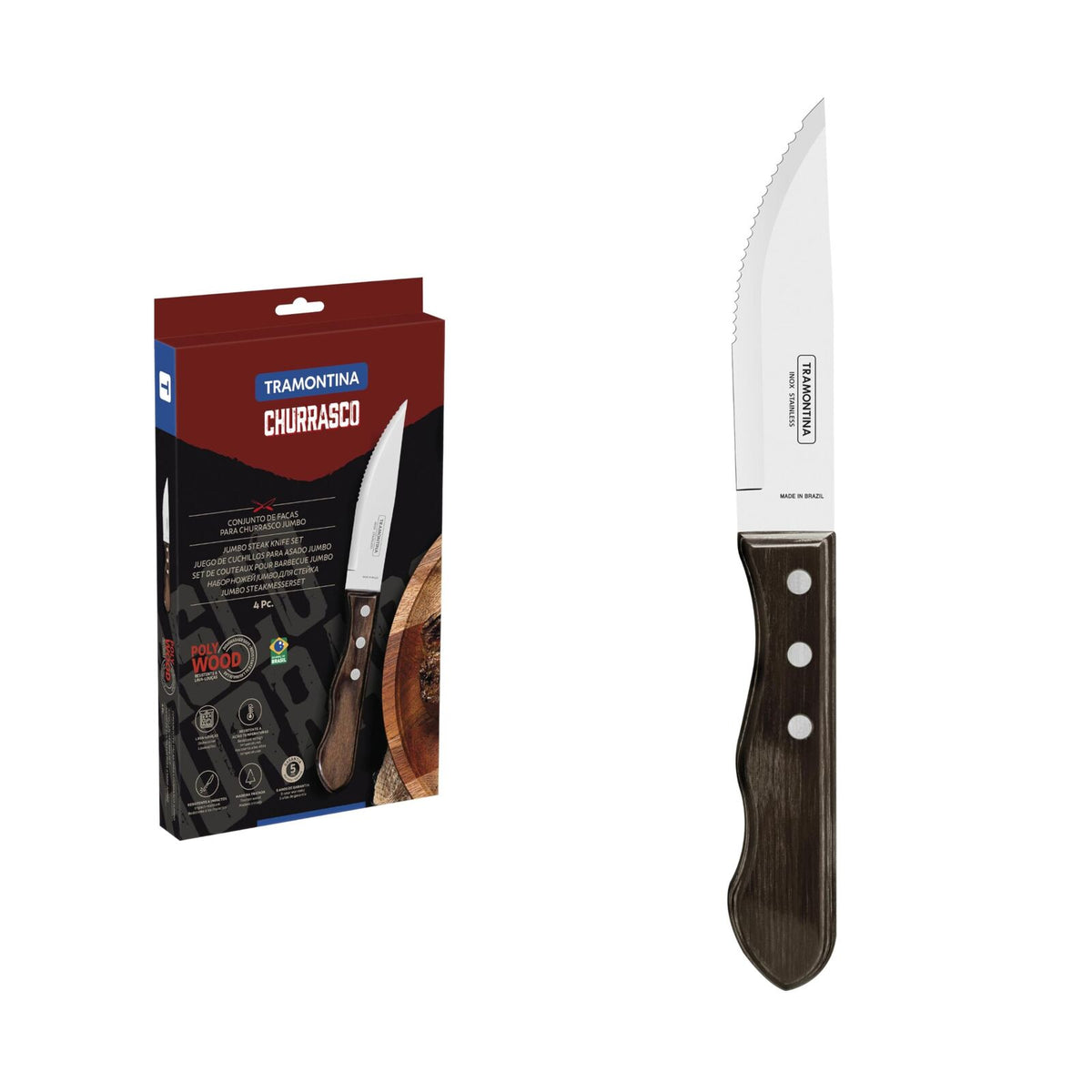 Tramontina 4pc Jumbo Steak Knife Set Polywood Dishwasher Safe in Brown
