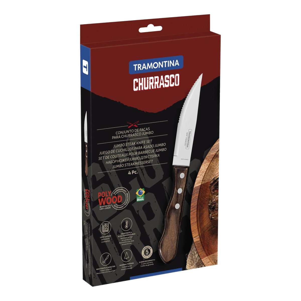 Tramontina 4pc Jumbo Steak Knife Set Polywood Dishwasher Safe in Brown