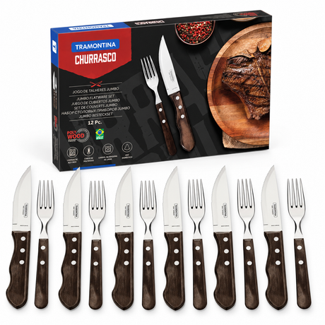 Tramontina 12pc Jumbo Stainless Steel BBQ Steak Knife & Fork Set w/ Polywood Handles - Brown (Dishwasher Safe)