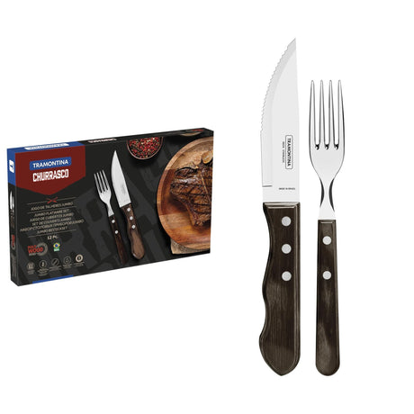 Tramontina 12pc Jumbo Stainless Steel BBQ Steak Knife & Fork Set w/ Polywood Handles - Brown (Dishwasher Safe)